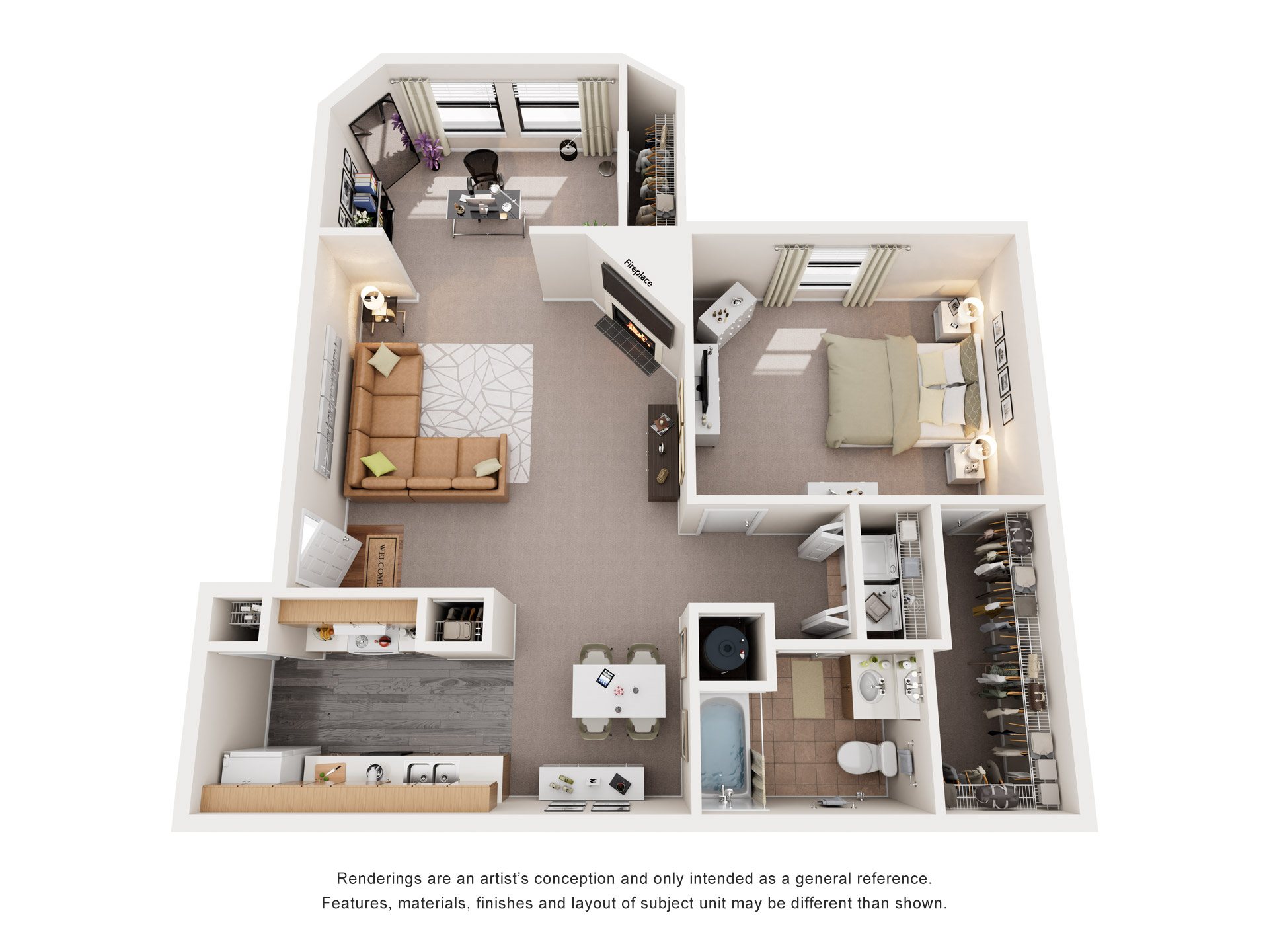 Floor plan for 1 bed, 1 bath, 885 sqft